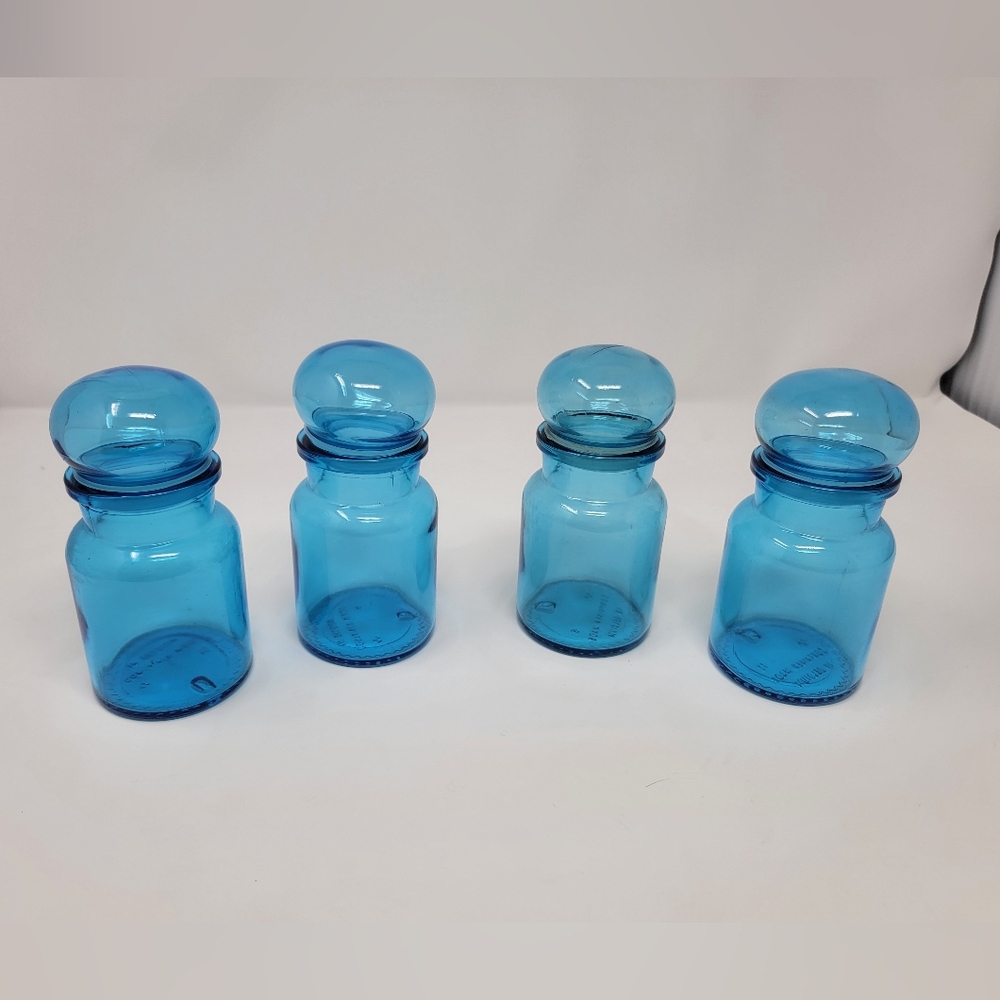 Set Of 4 Vintage Apothecary Jar Blue Glass Bubble Lid Belgium Bottle MCM 5.5"